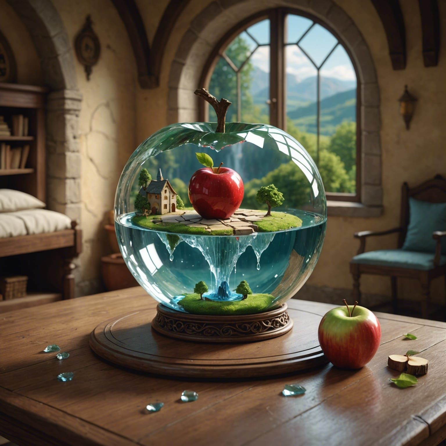 Glass Apple with Isometric Landscape Waterfall