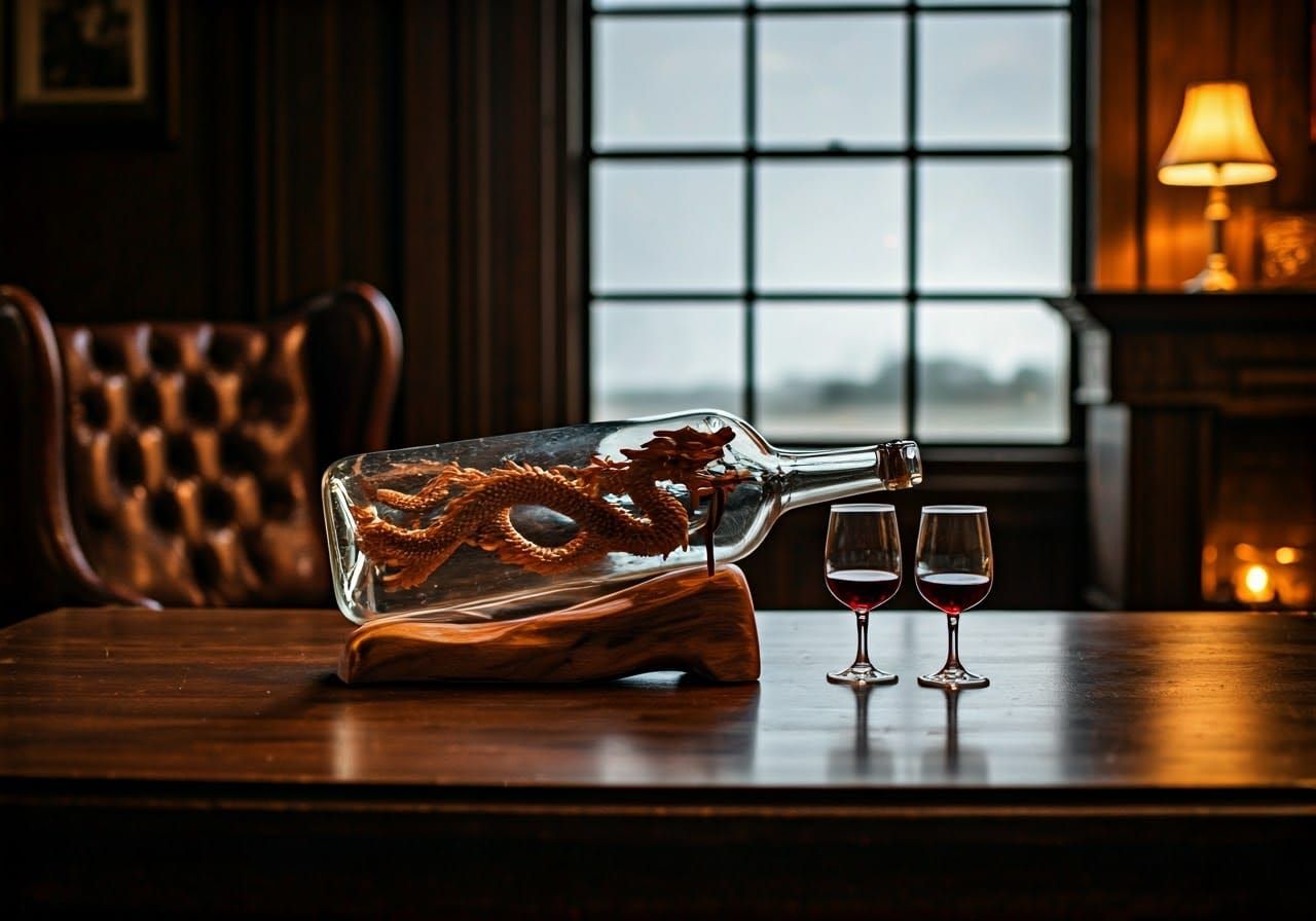 Minimalist Carved Wooden Dragon in Glass Bottle