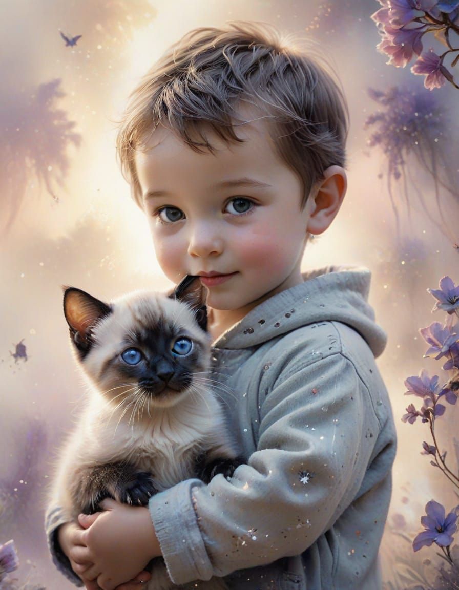 Toddler Gently Holds Siamese Kitten in Watercolour