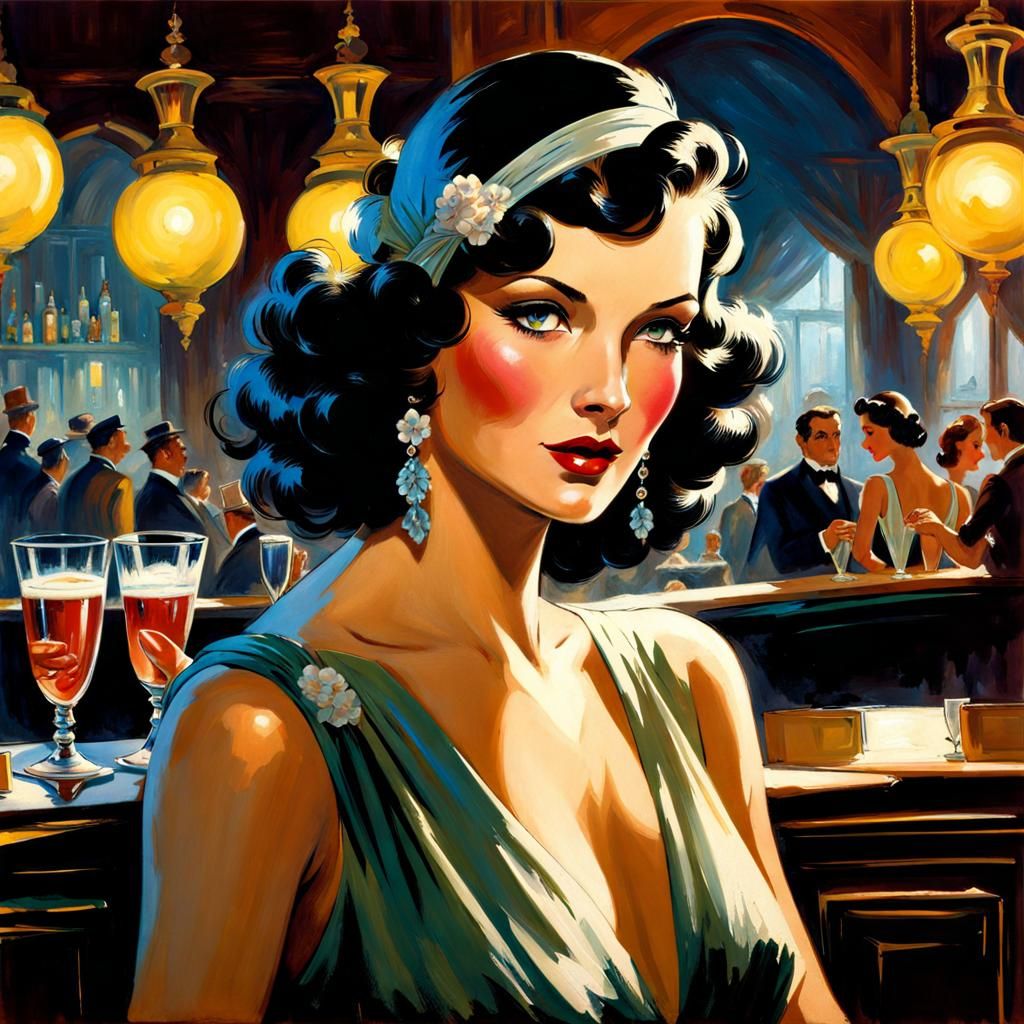 Pretty French Woman in Bar, Splash Art Style