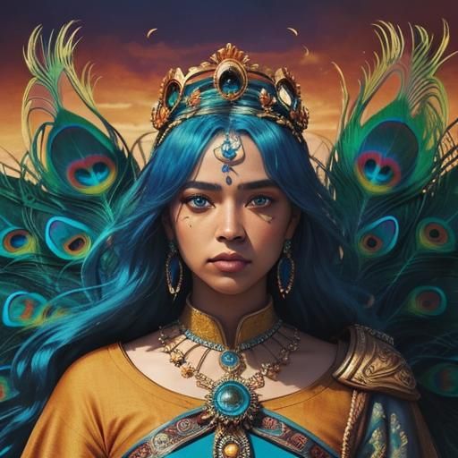 Woman with Peacock Feathers in Mosaic Style