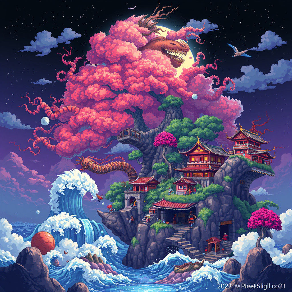 Pixel Art Island Masterpiece in Amano Style