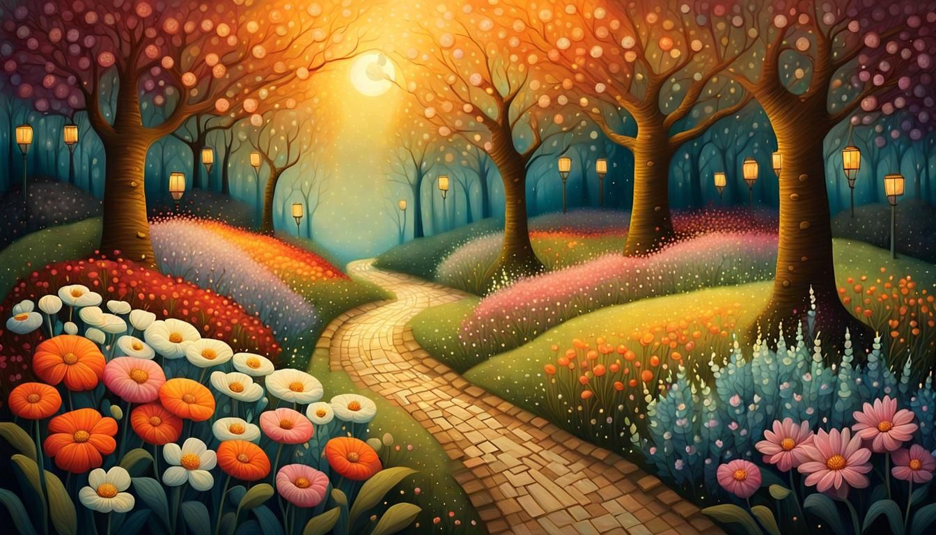 Whimsical Garden in Folk Art Style