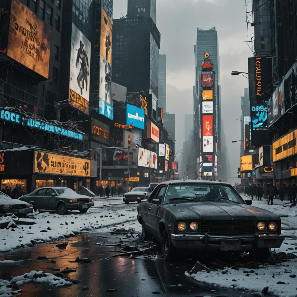 Dark Post-apocalyptic Times Square in Abandoned Winter Desol...