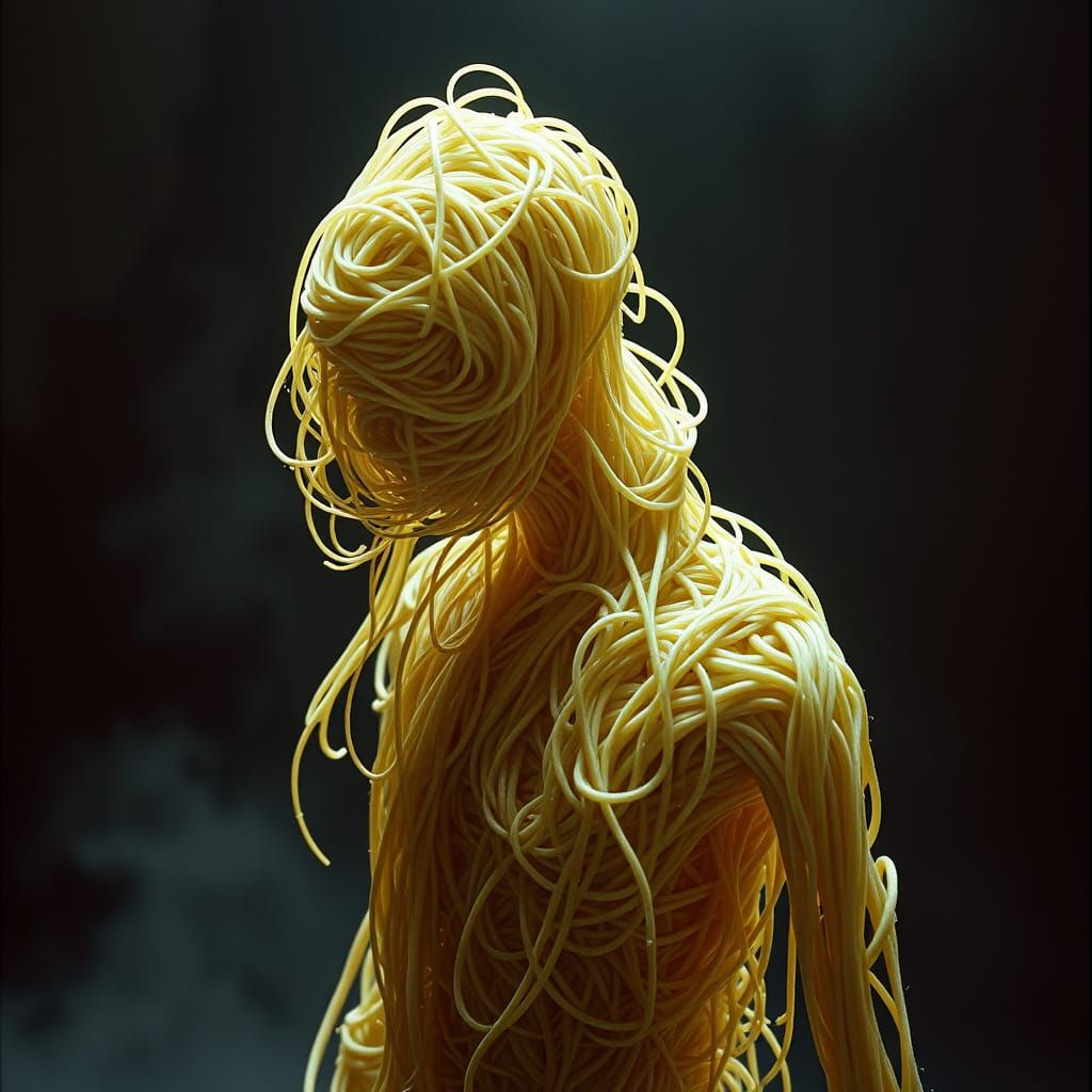 Surreal Cinematic Figure Made of Twisted Spaghetti Noodles