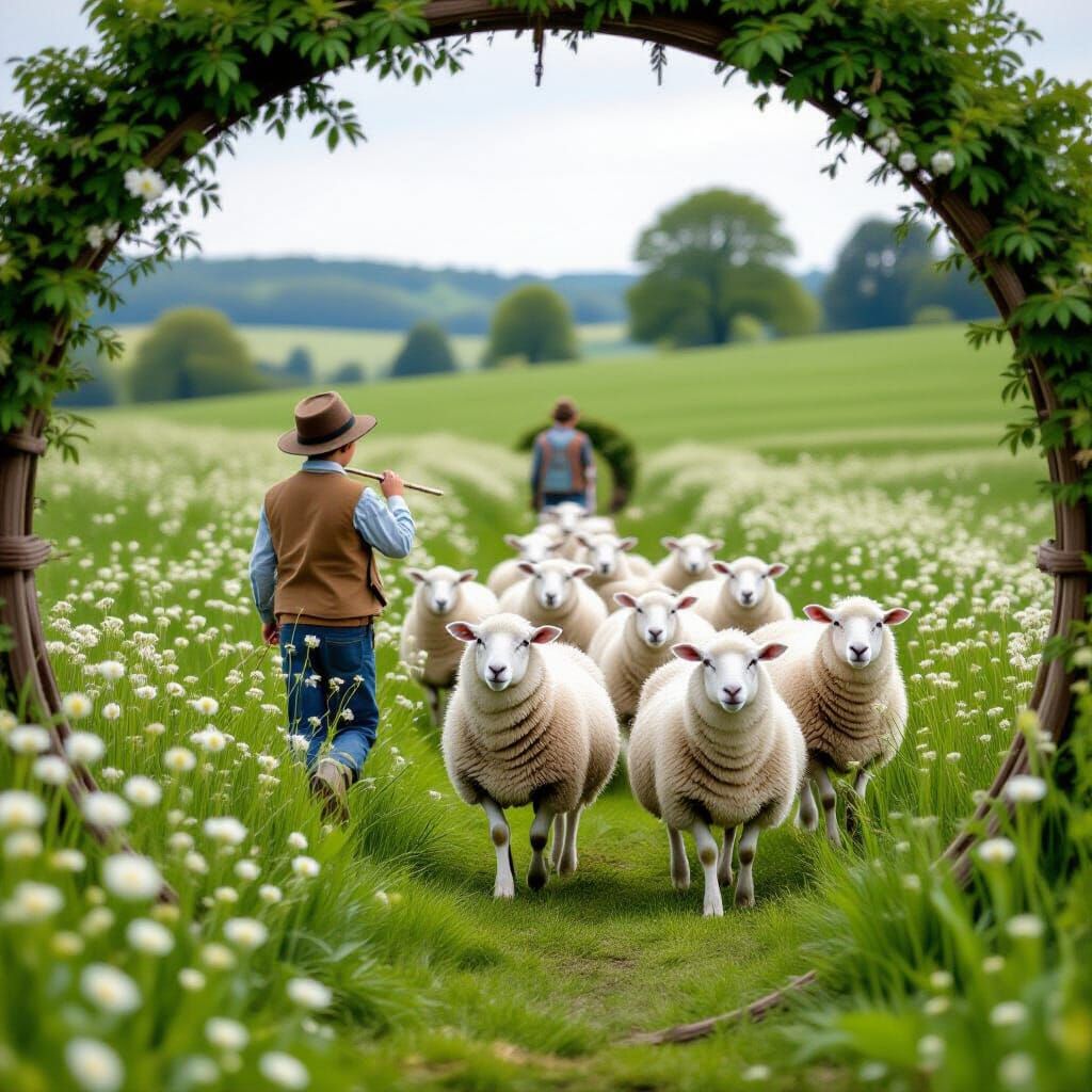 Boy Leading Sheep Through Flowery Field with Flute