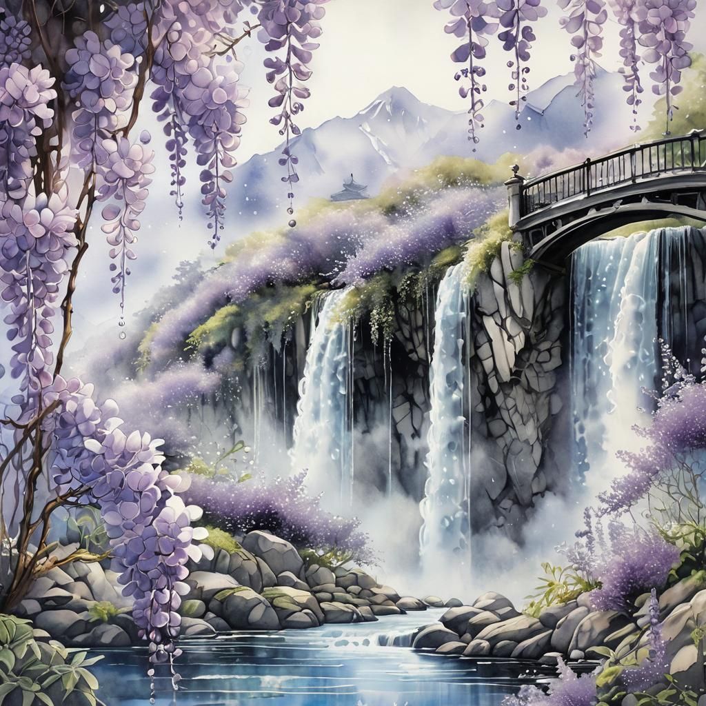 Waterfall and Wisteria Ink Illustration