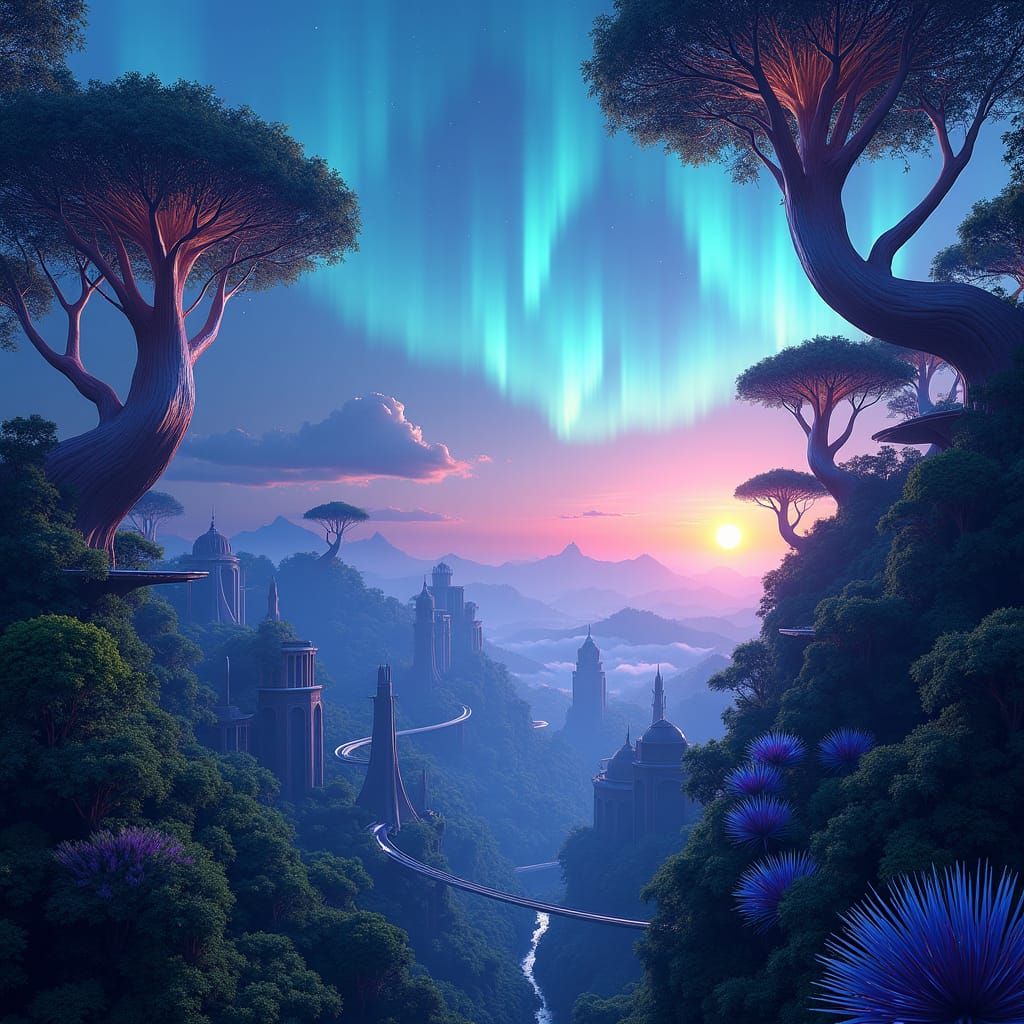 Lush Rainforest Metropolis Under Violet Sky