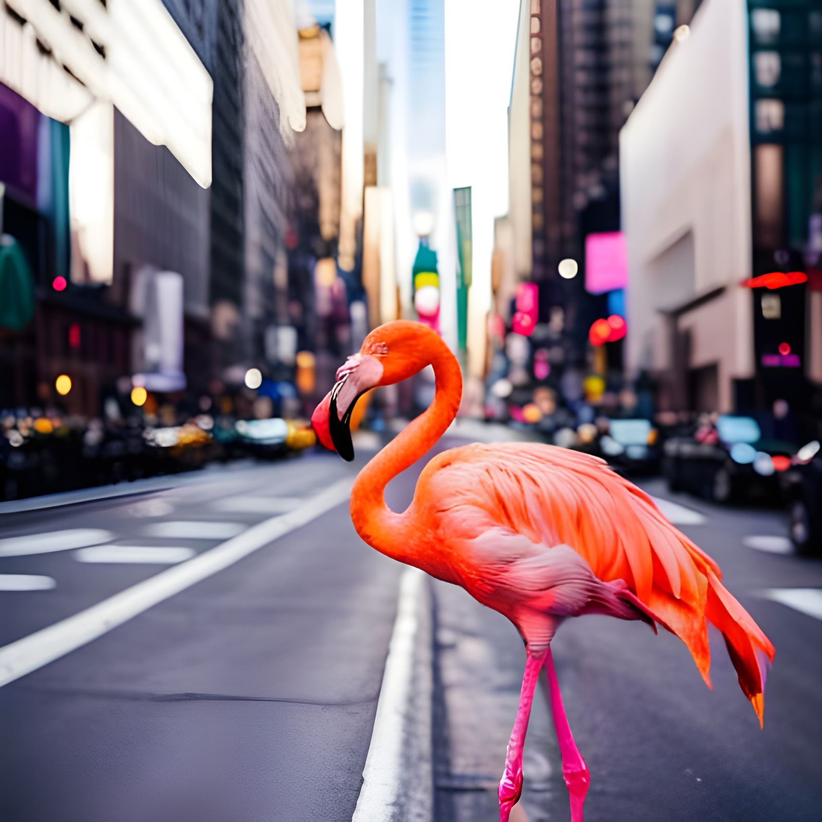 Neon Flamingo Strutting Through New York City