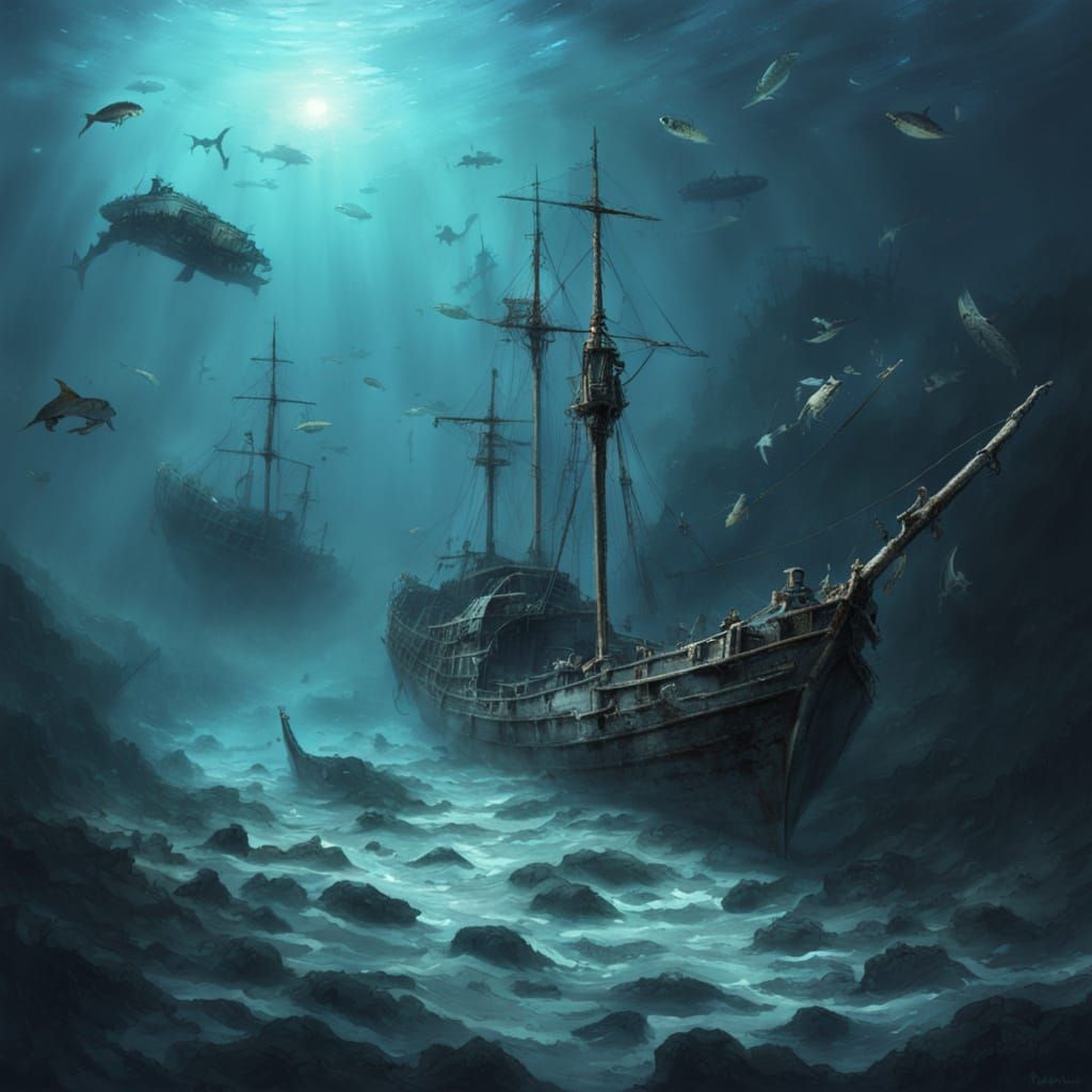 Ghostly Shipwreck Graveyard with Skeletal Fish