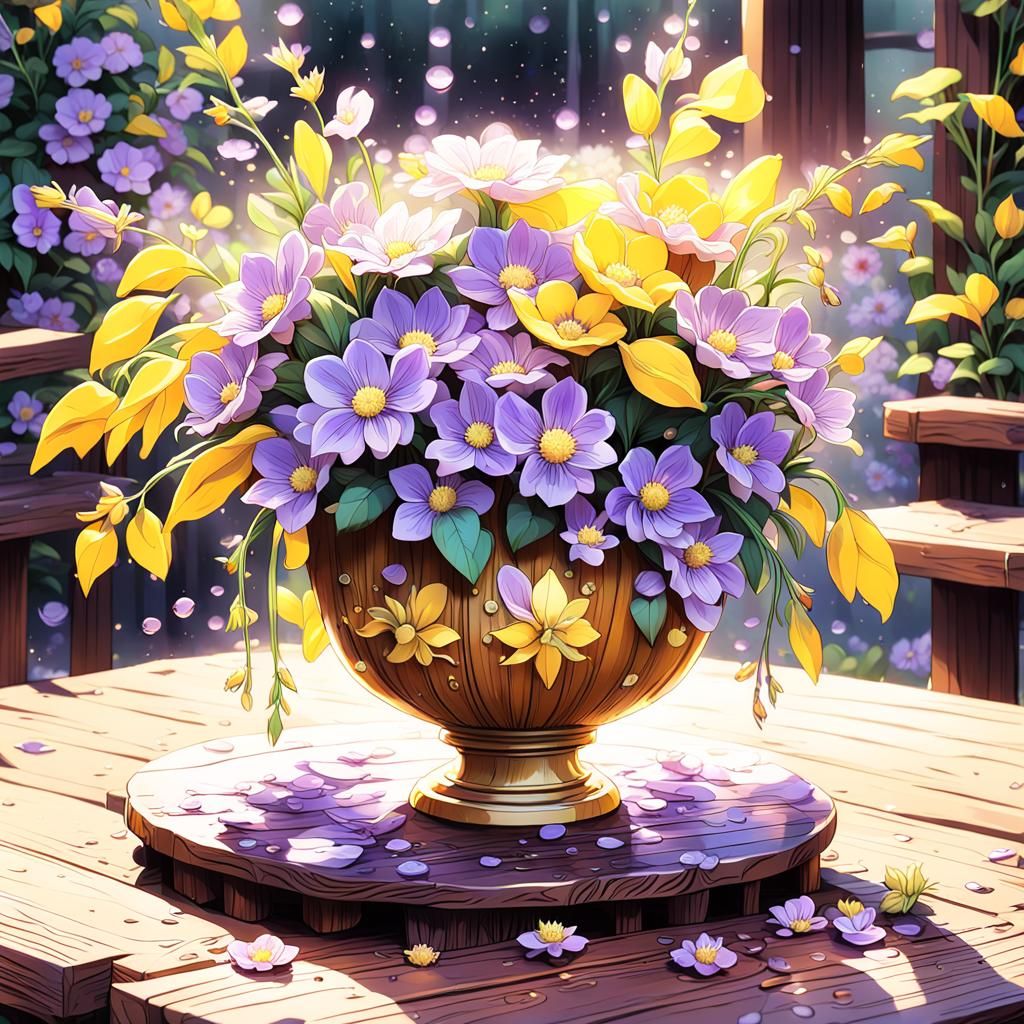 Vibrant 3D Anime Vase with Purple and Yellow Flowers