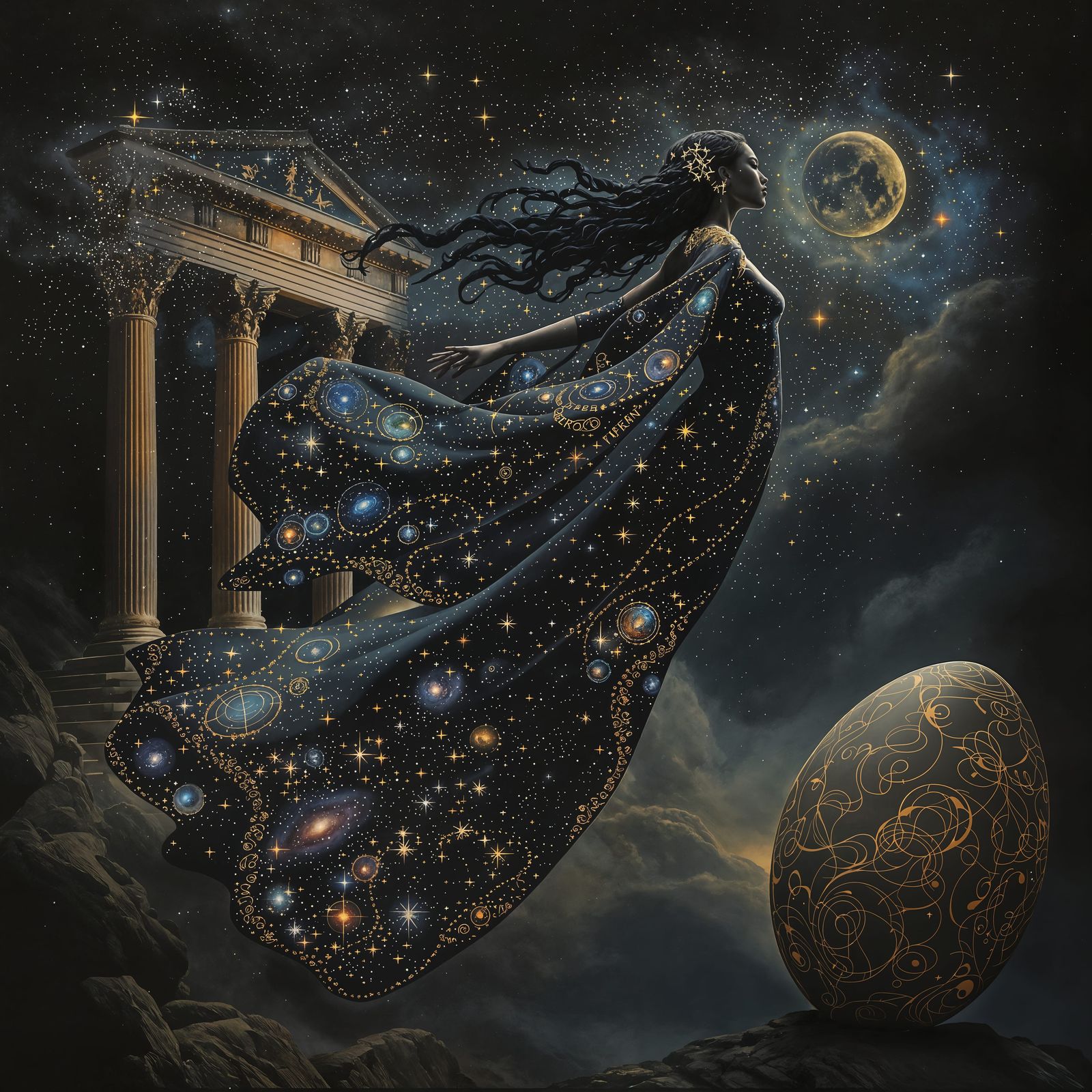 Goddess Nyx Personifies Night in Starry Silhouette