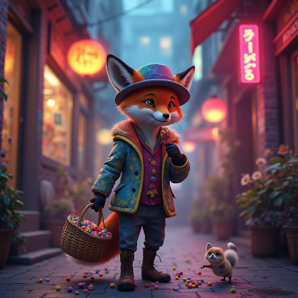 Psychedelic Fox in Neon Alley: Digital Art