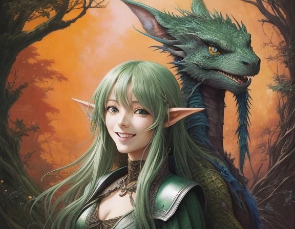Happy Wood Elf with Green Dragon in Anime Style