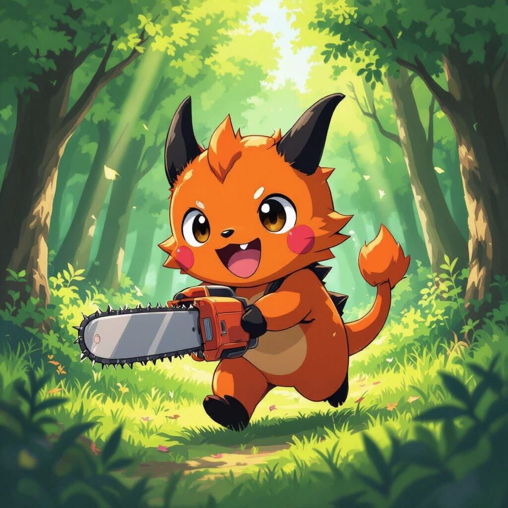 Pochita the Chainsaw Devil Running Through a Sunny Forest