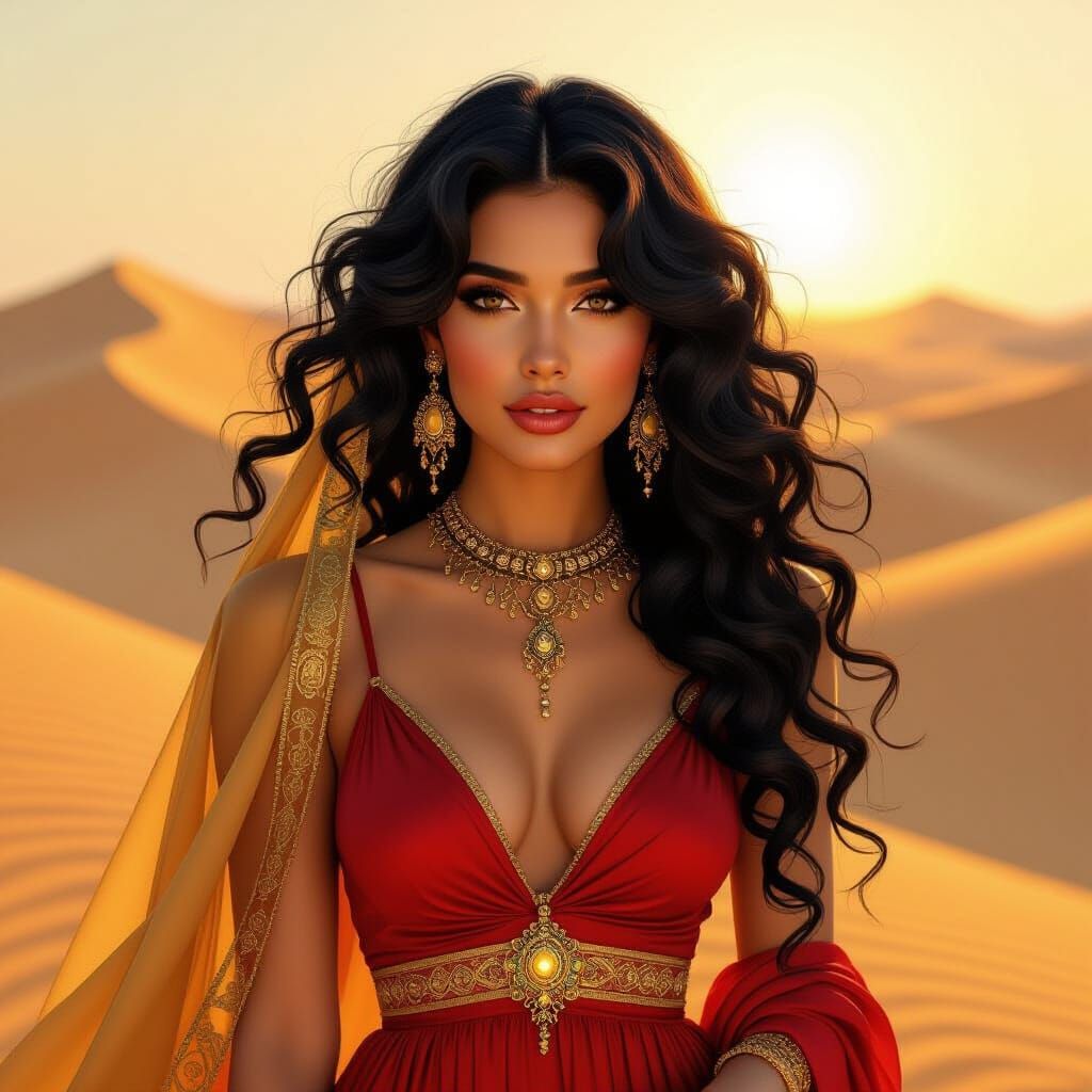 Desert Queen in Art Nouveau Style Amidst Golden Dunes
