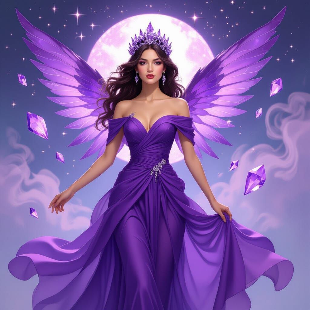 Woman in Violet Gown with Amethyst Wings, Art Nouveau Style