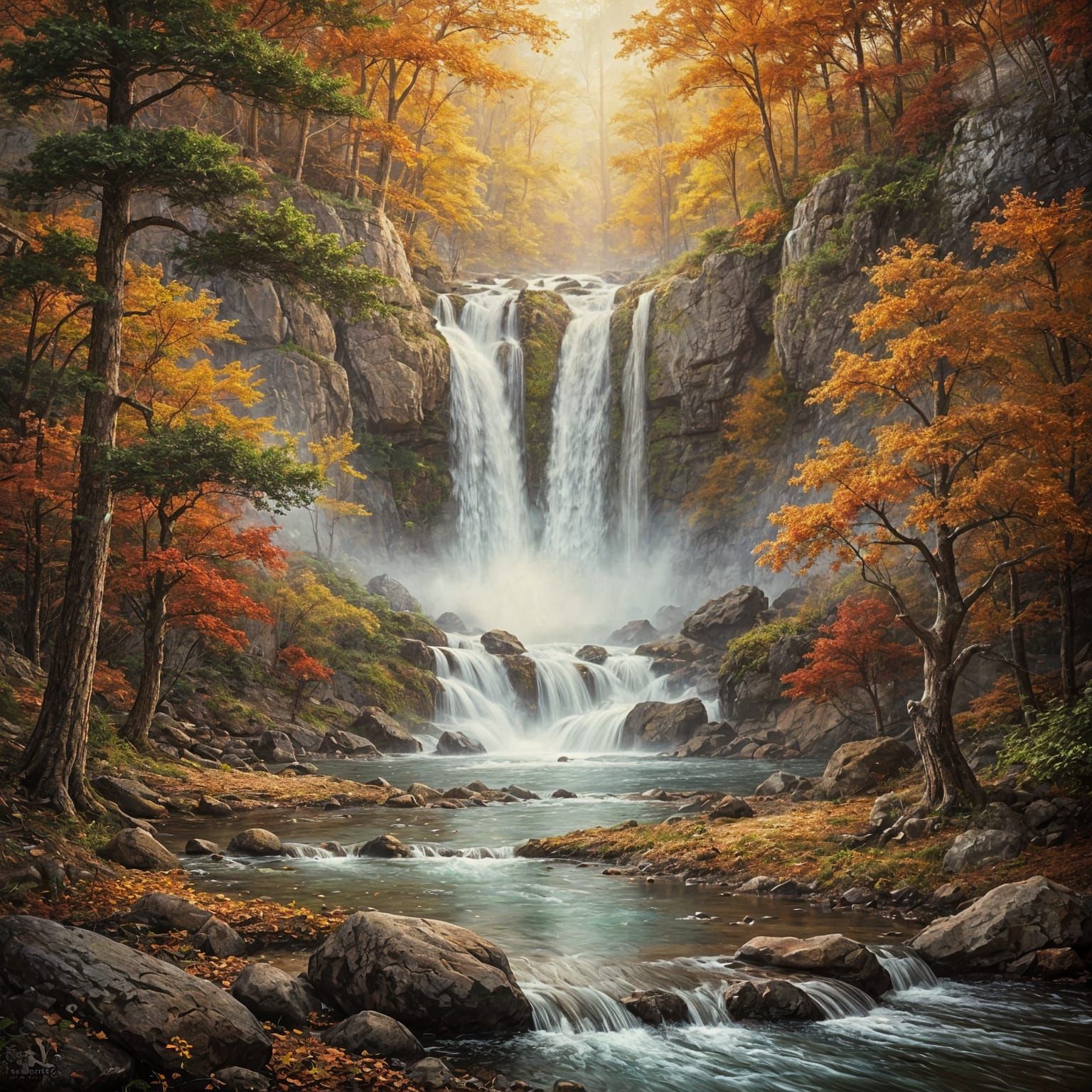 Autumn Waterfall Serenity in Soft, Magical Light