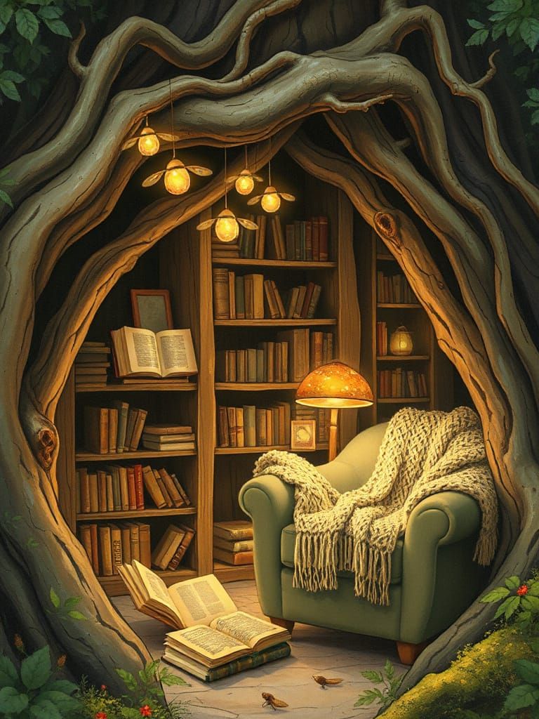 Cozy Reading Nook in Ancient Tree, Watercolor