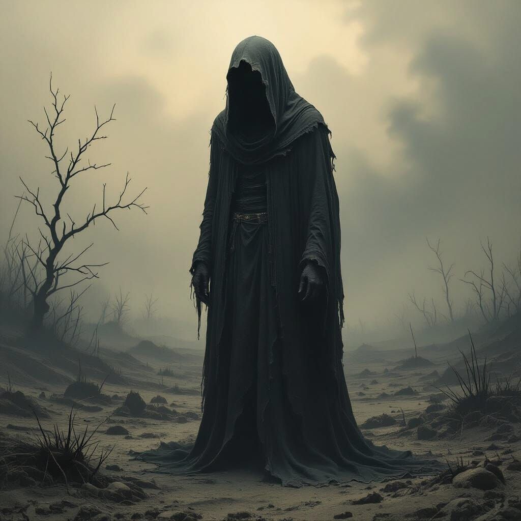 Dark Figure in Desolate Landscape as Dark Surrealist Art