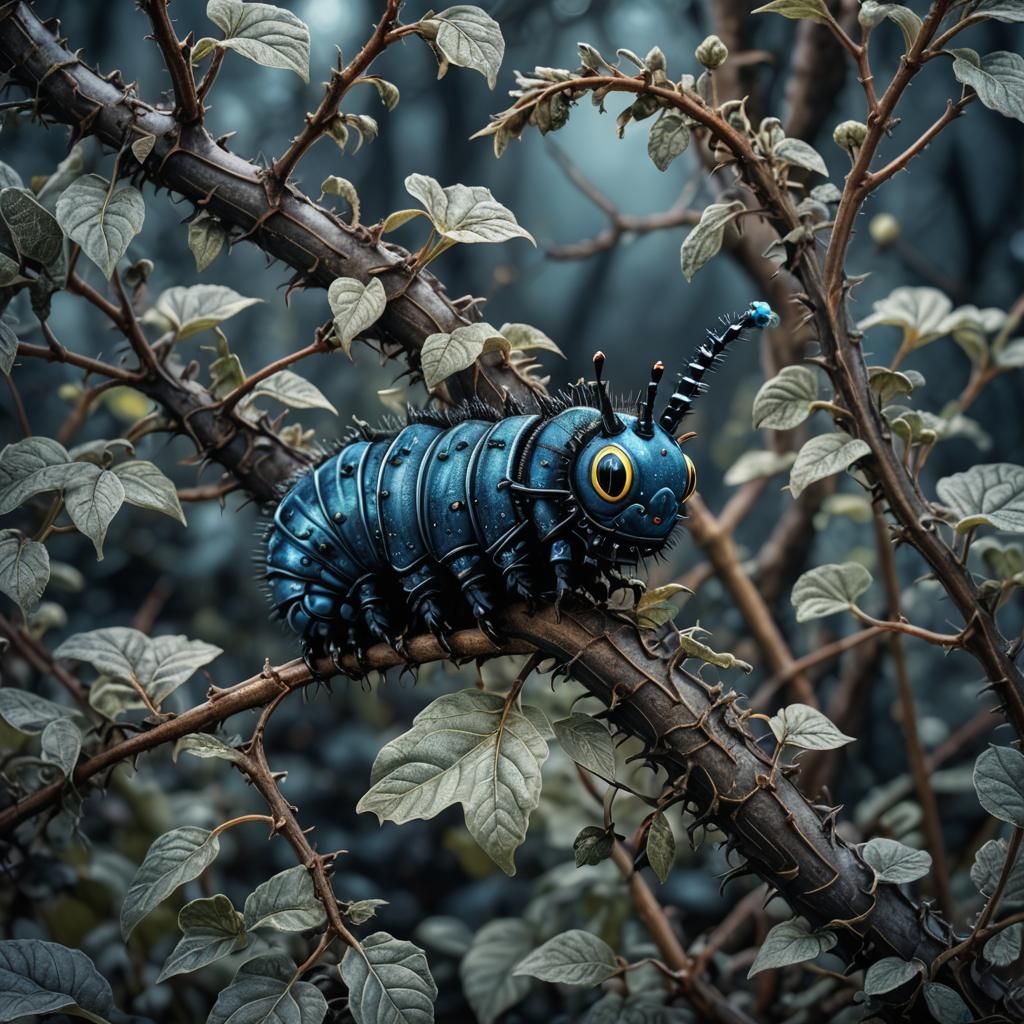 Gothic Blue Caterpillar in Wonderland: Hyperrealistic Image