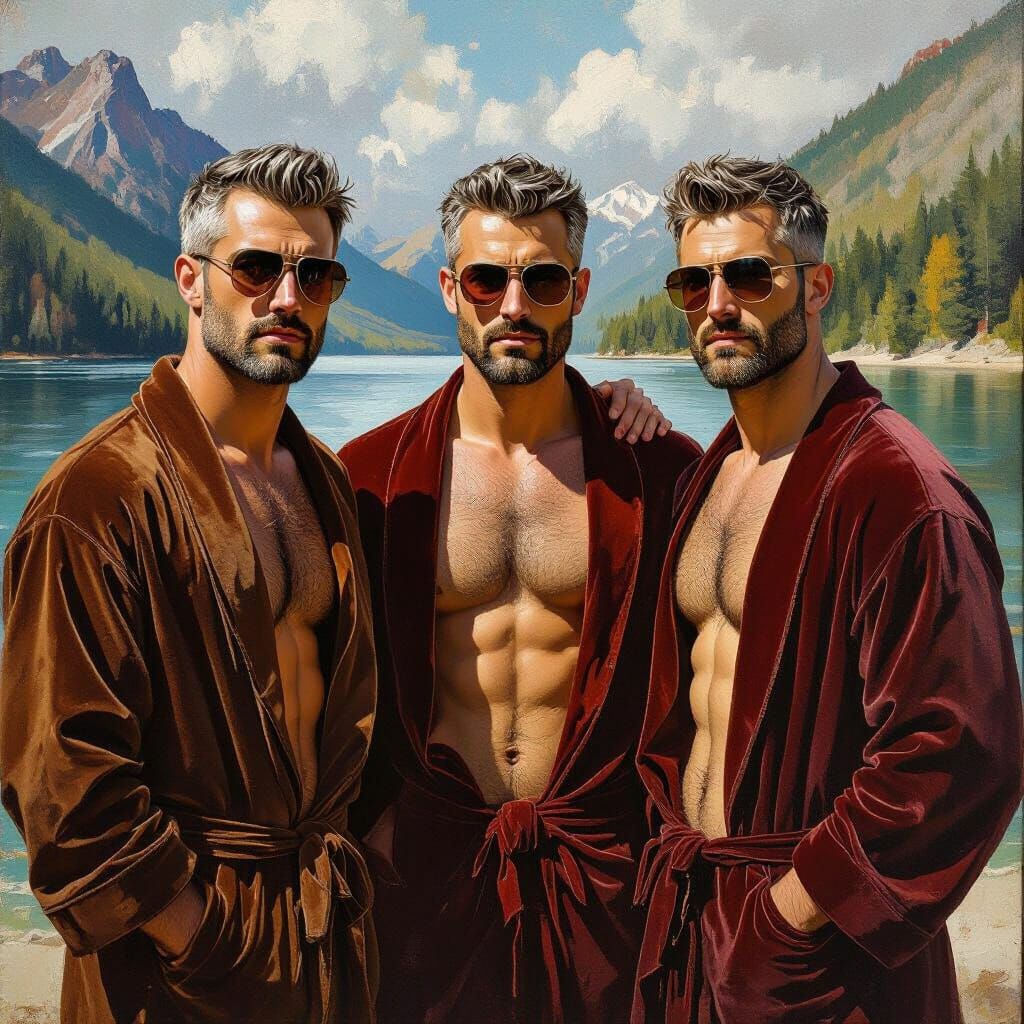 Impressionist Painting of Men by Mountain Lake