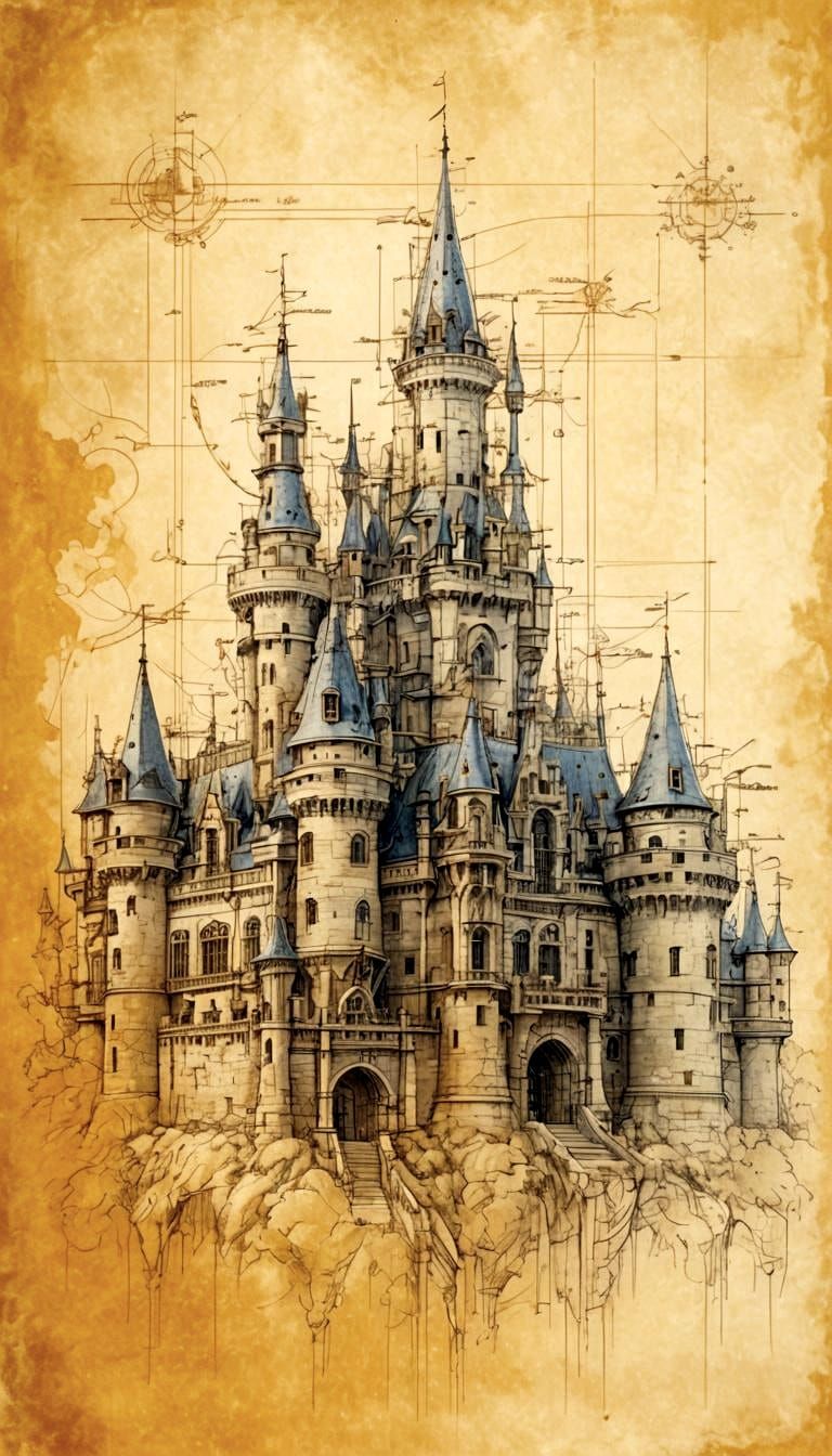 Detailed Blueprint of Ornate Castle Architecture