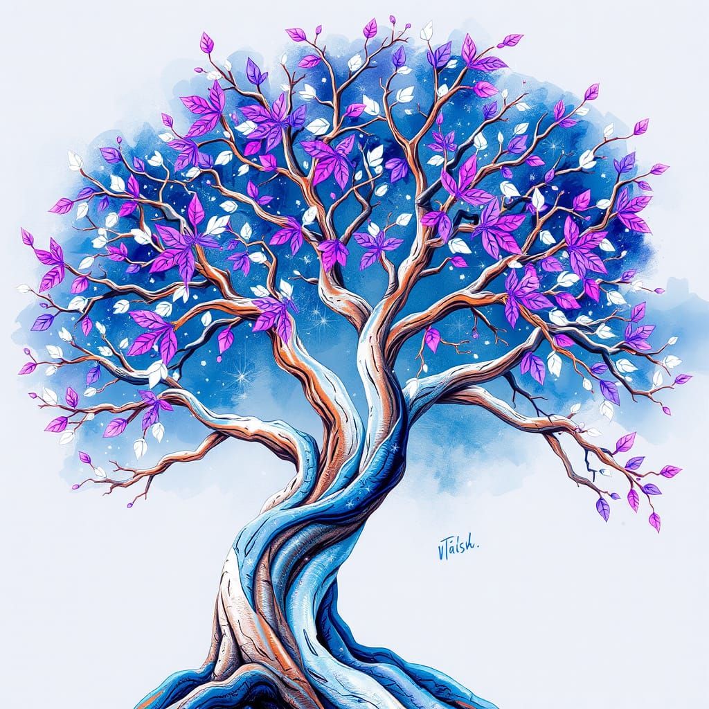 Colorful Tree with Intricate Branches, Digital Watercolor