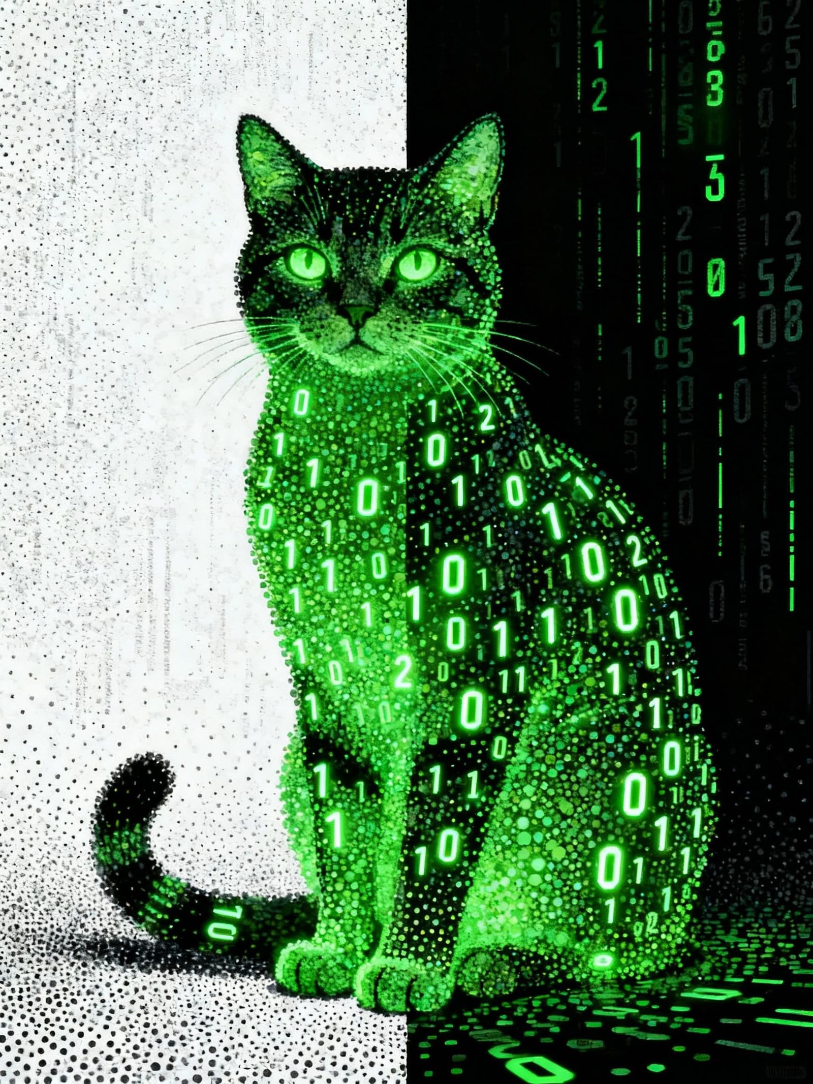 Cyberpunk Cat Made of Green Code