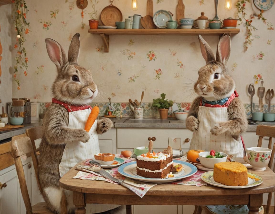 Charming Bunnies Savor Carrot Cake in Cozy Kitchen