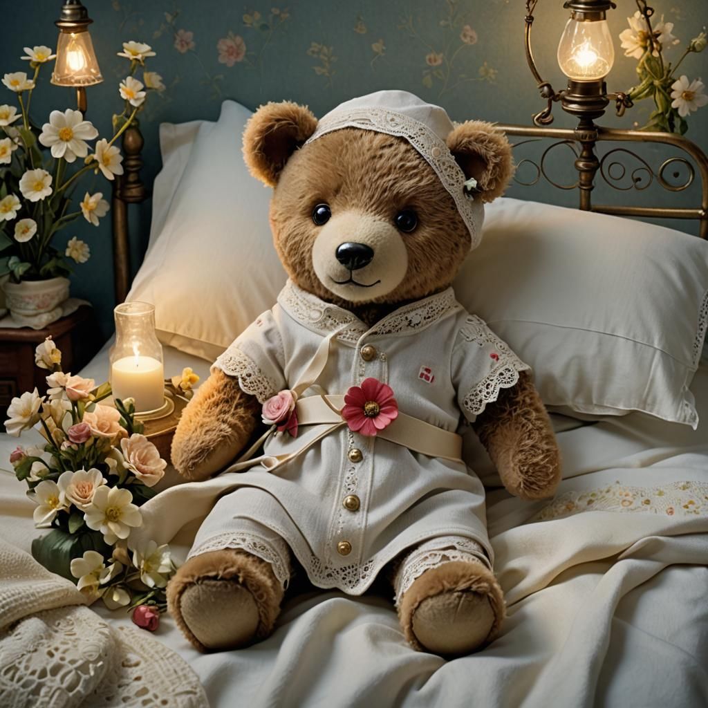 Teddy Bear Patient in Bed, Digital Art Style