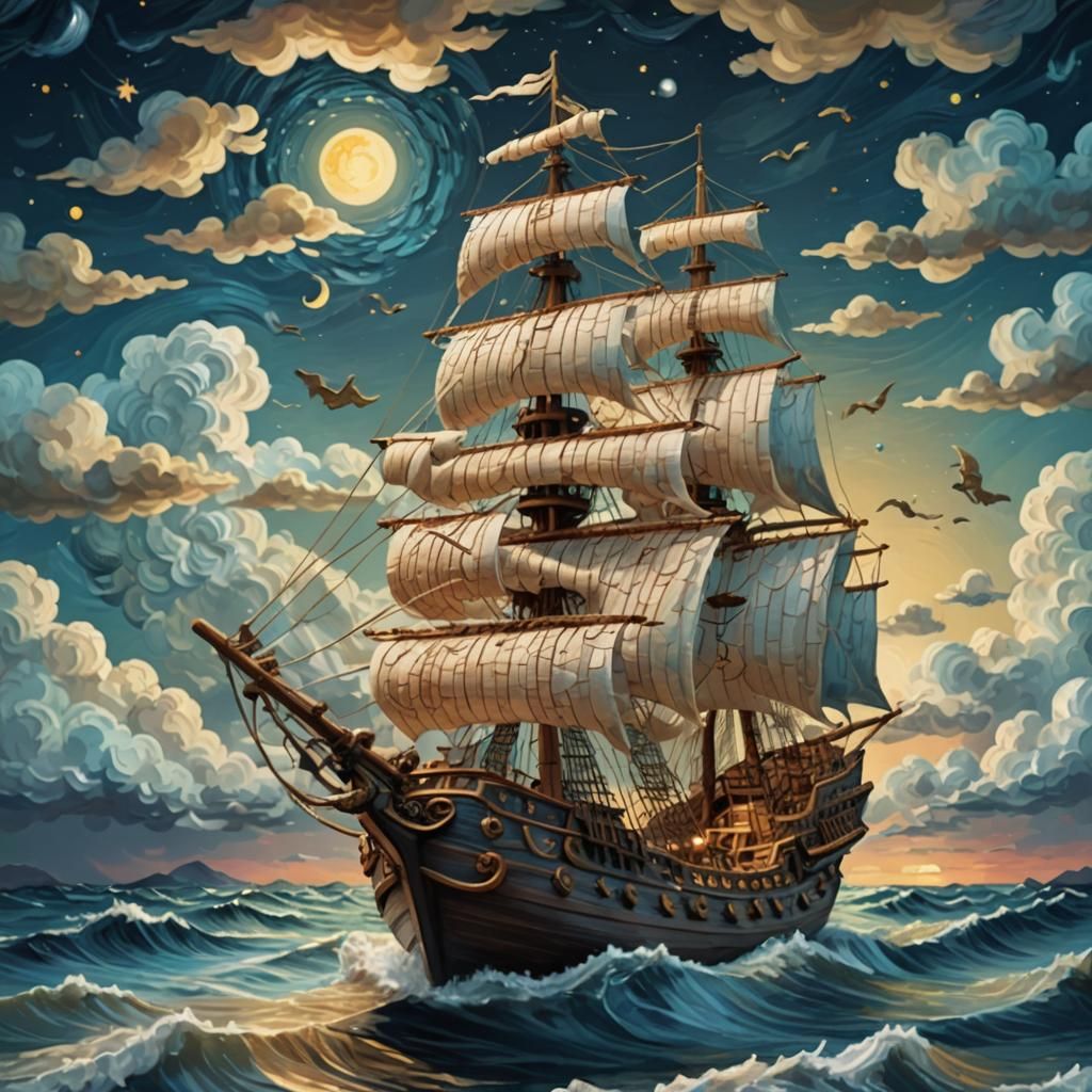 Yarn Pirate Ship on Moonlit Sea, Whimsical Illustration