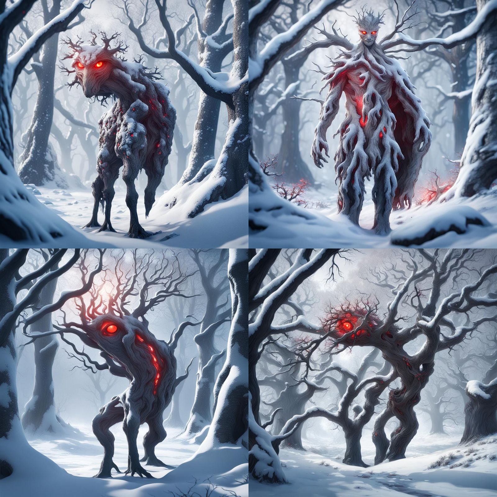 Glowing Red Eyes on Old Oak Tree in Winter