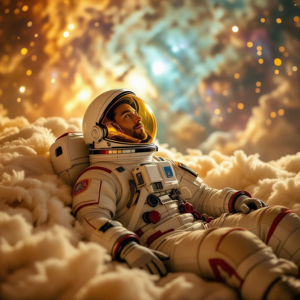 Astronaut in Ballroom with Nebulae, Dreamlike Photography