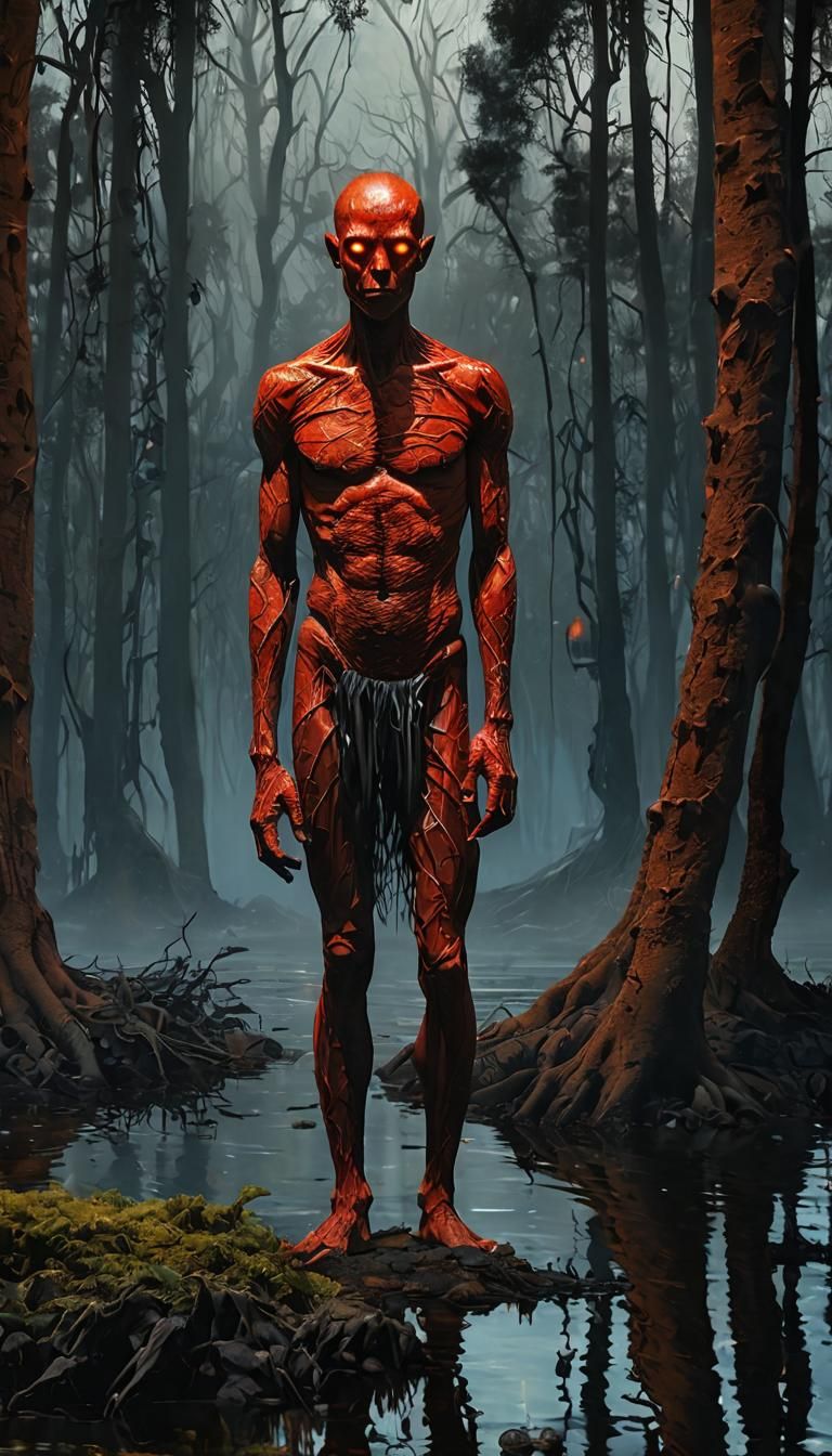 Glowing Eyes in Lava Landscape with Eucalyptus Trees, in Cin...