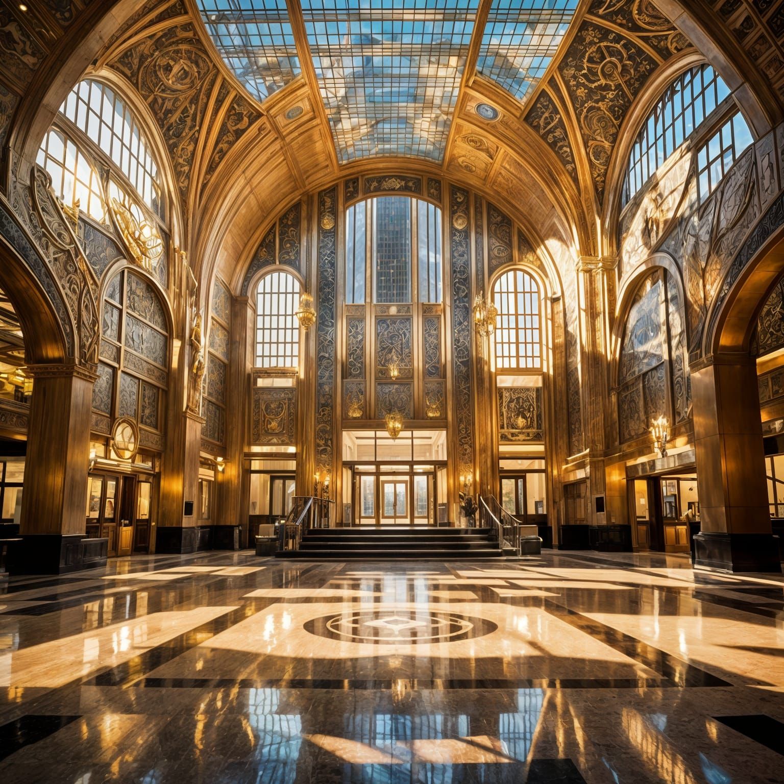 Art Deco Skyscraper Lobby with American Indian Motifs
