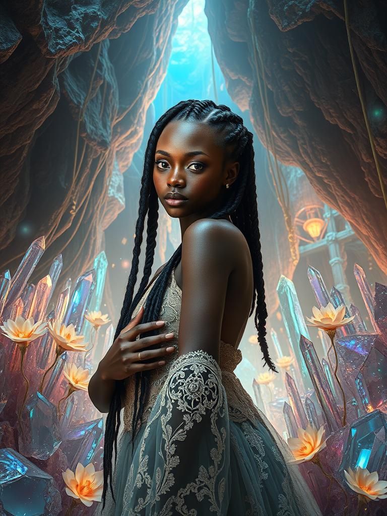 Mystical Woman in Iridescent Crystal Cave