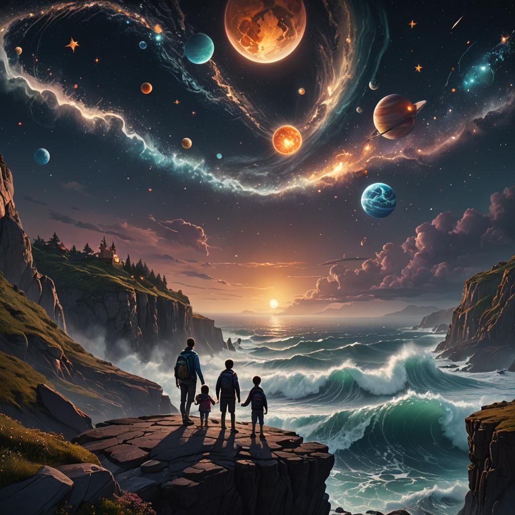 Family Gazing at Cosmic Ocean, Detailed Digital Painting