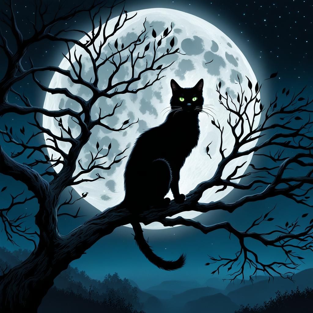 Ethereal Black Cat Silhouetted on Branch Under Moon