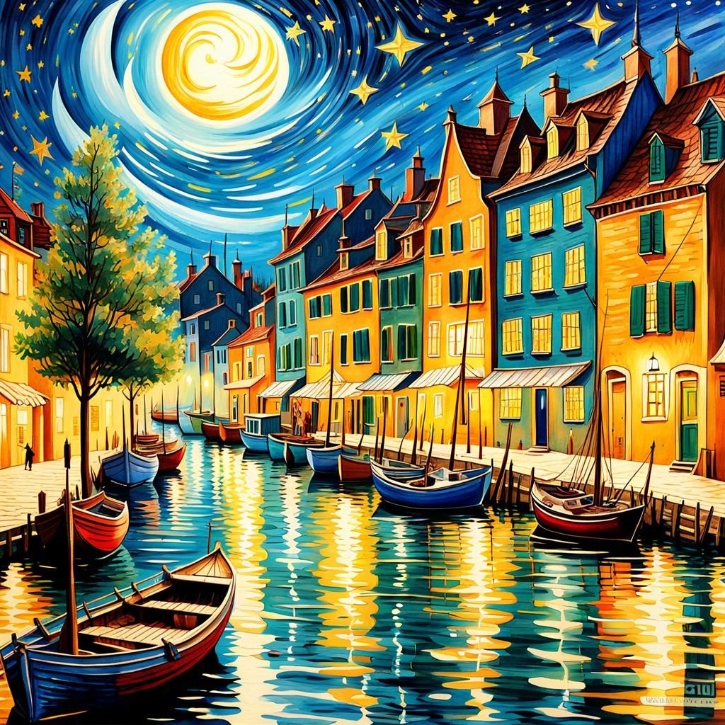 Gothic Harbor Village Under Starry Night Sky