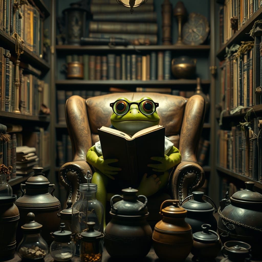 A Mysterious Scholar Frog in a Cozy, Old-World Library