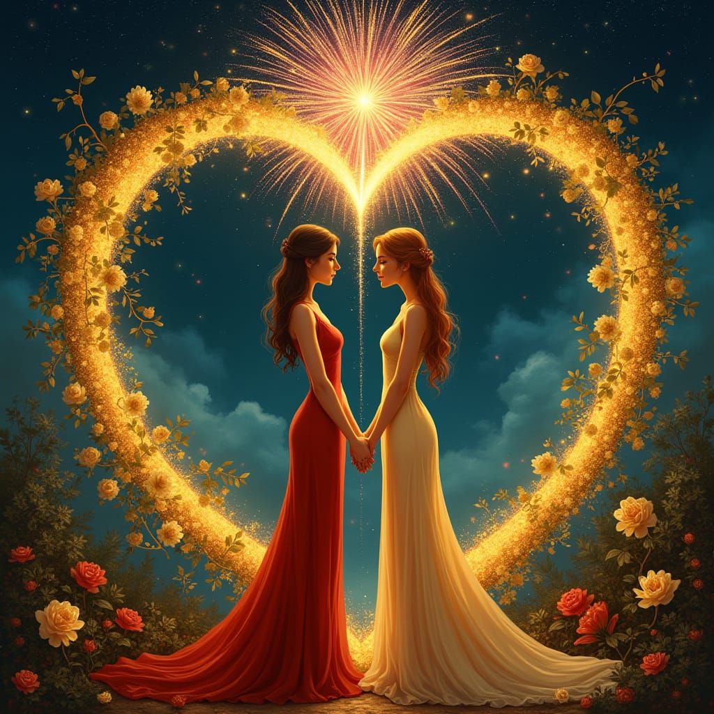 Loving Couple Embraced by Golden Heart, Firework Display