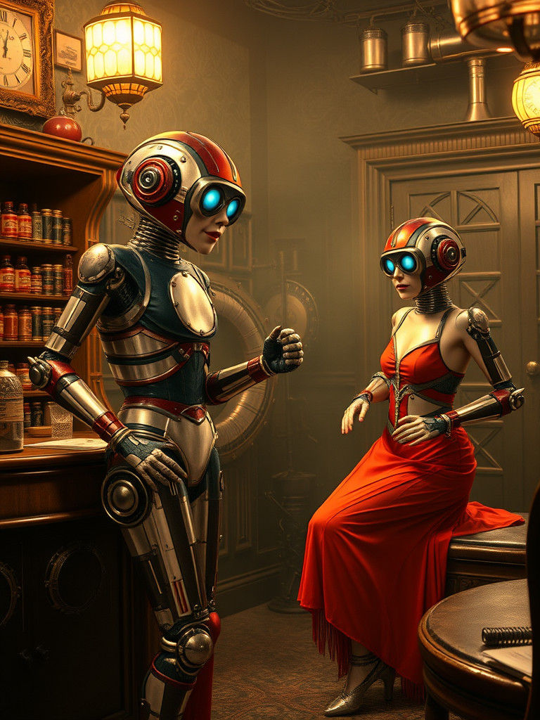 1920s Flapper Robots in Speakeasy, Steampunk Fusion