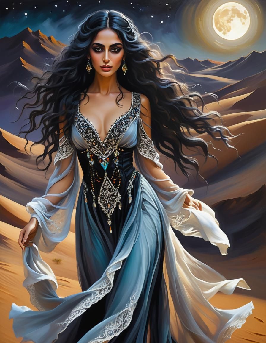 Gothic Arab Beauty Dancing in Desert, Oil Painting