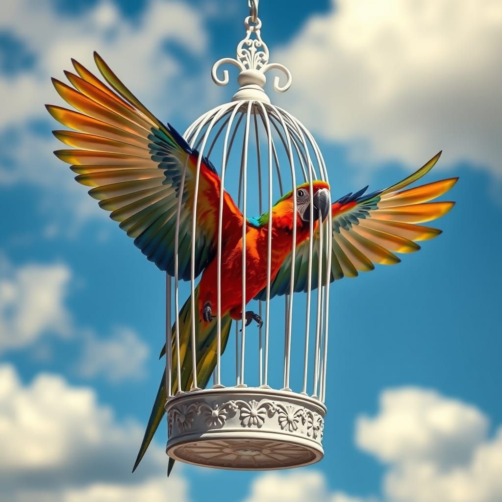 Baroque Cage: Vibrant Parrot's Flight to Freedom