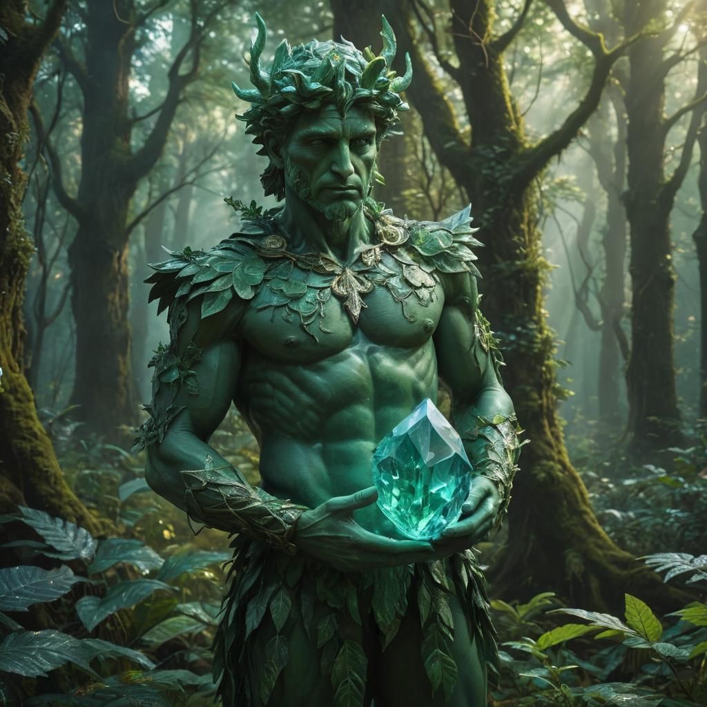 Mystical Green Man in Emerald Forest, Oil Painting