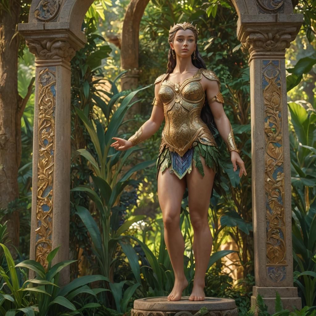 Goddess Iris Statue in Lush Shrine, Rutkowski Style