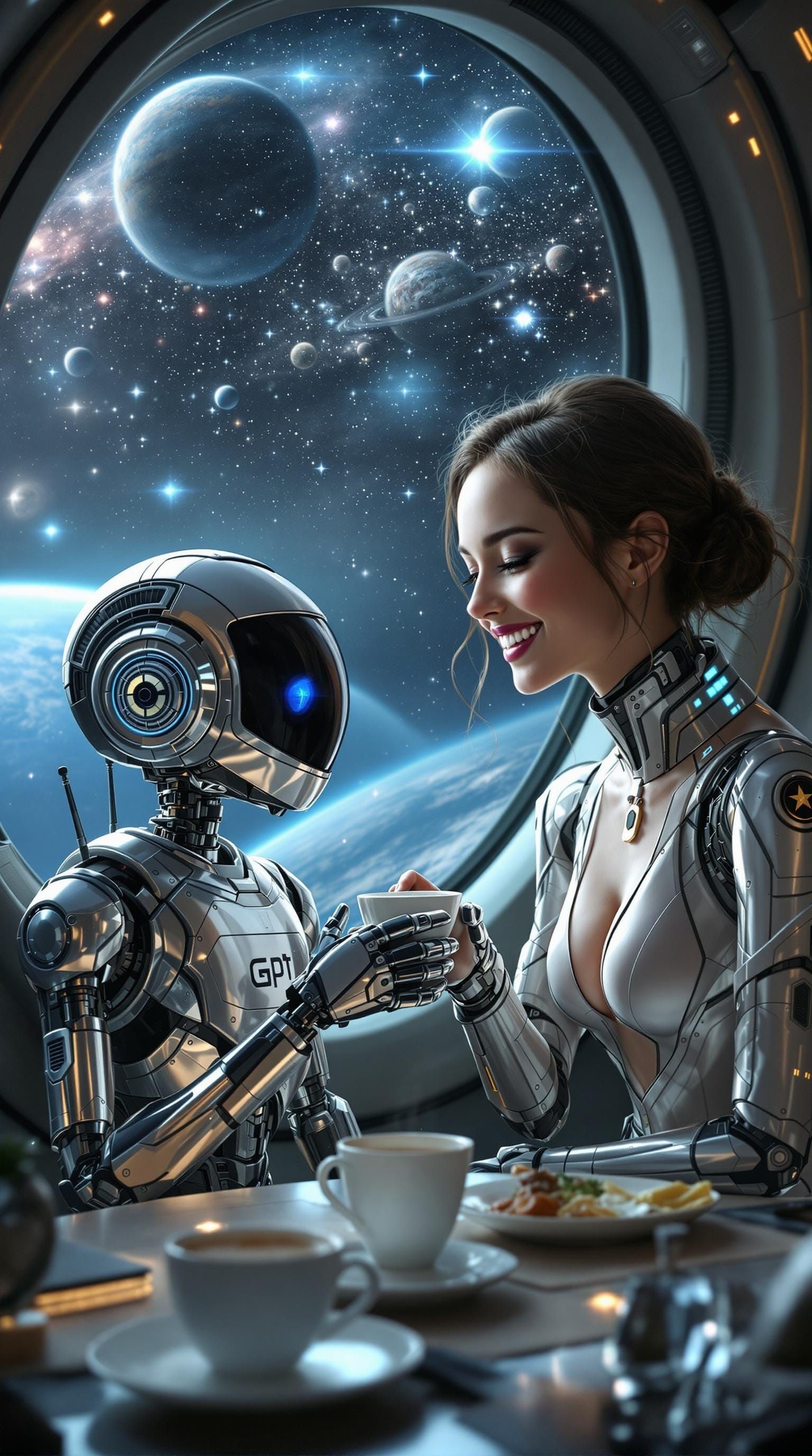 Futuristic Girl with Robot Companion in Sci-Fi Cafe