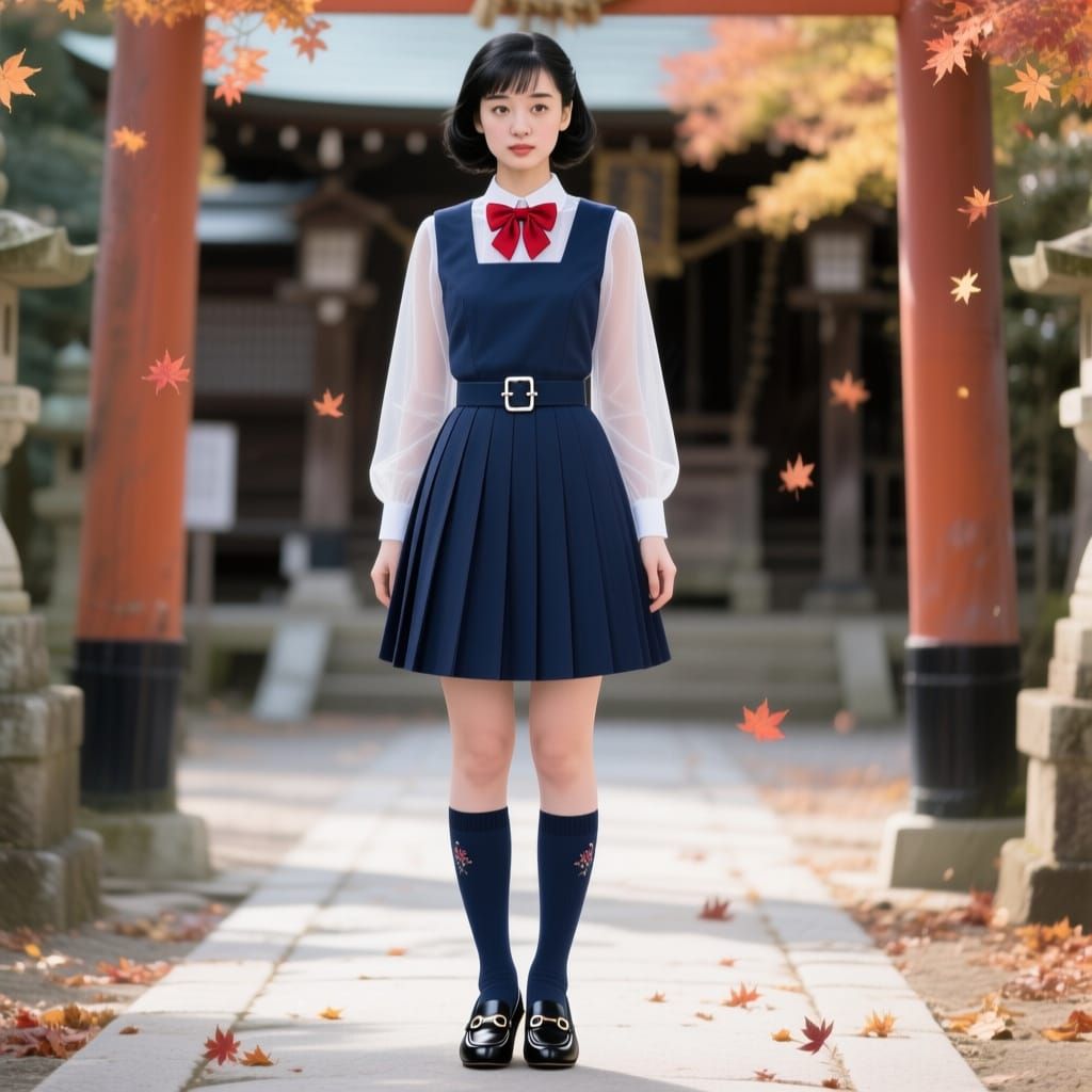 Japanese Student in Autumn Shrine Courtyard with Scattering ...