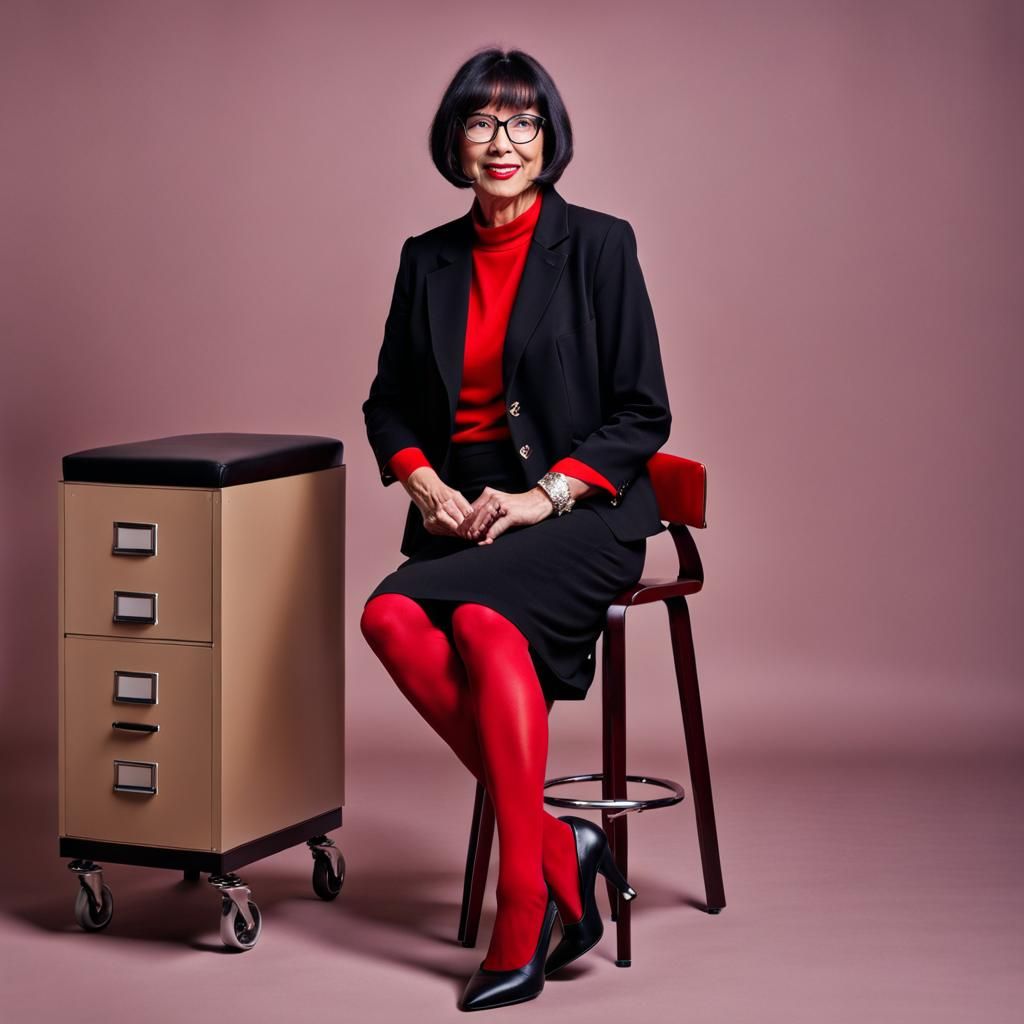 Stylish Woman with Red Tights in Reception